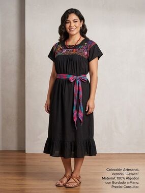 Hand Crafted Black Midi Dress with Multicolor Embroidered Yoke and Sash from